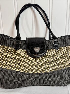 Brighton Black and Natural Woven Tote with Heart Medallion